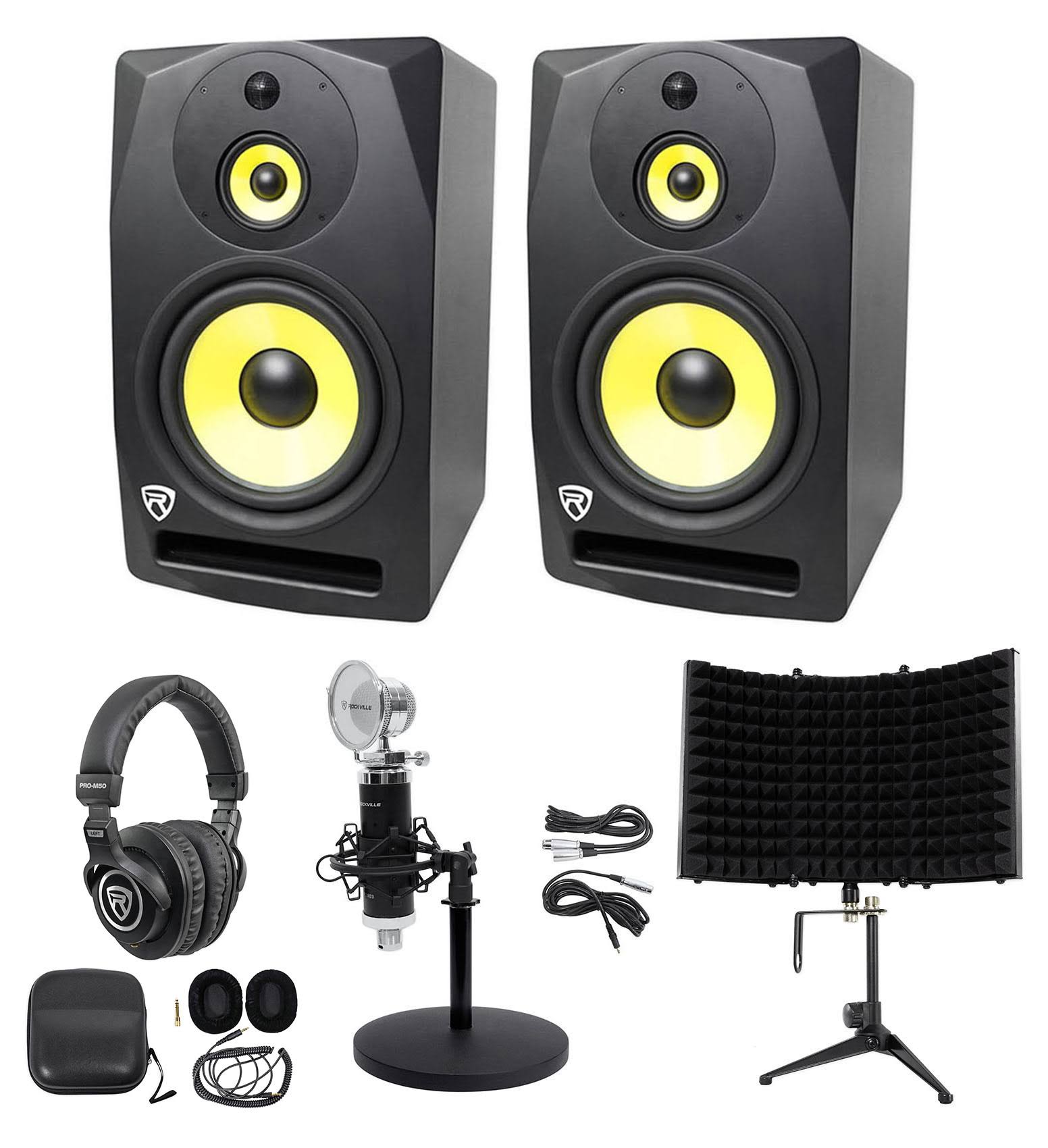 (2) Rockville DPM10B 10x22 800W Active Studio Monitors+Headphones+Mic+Desk Stand