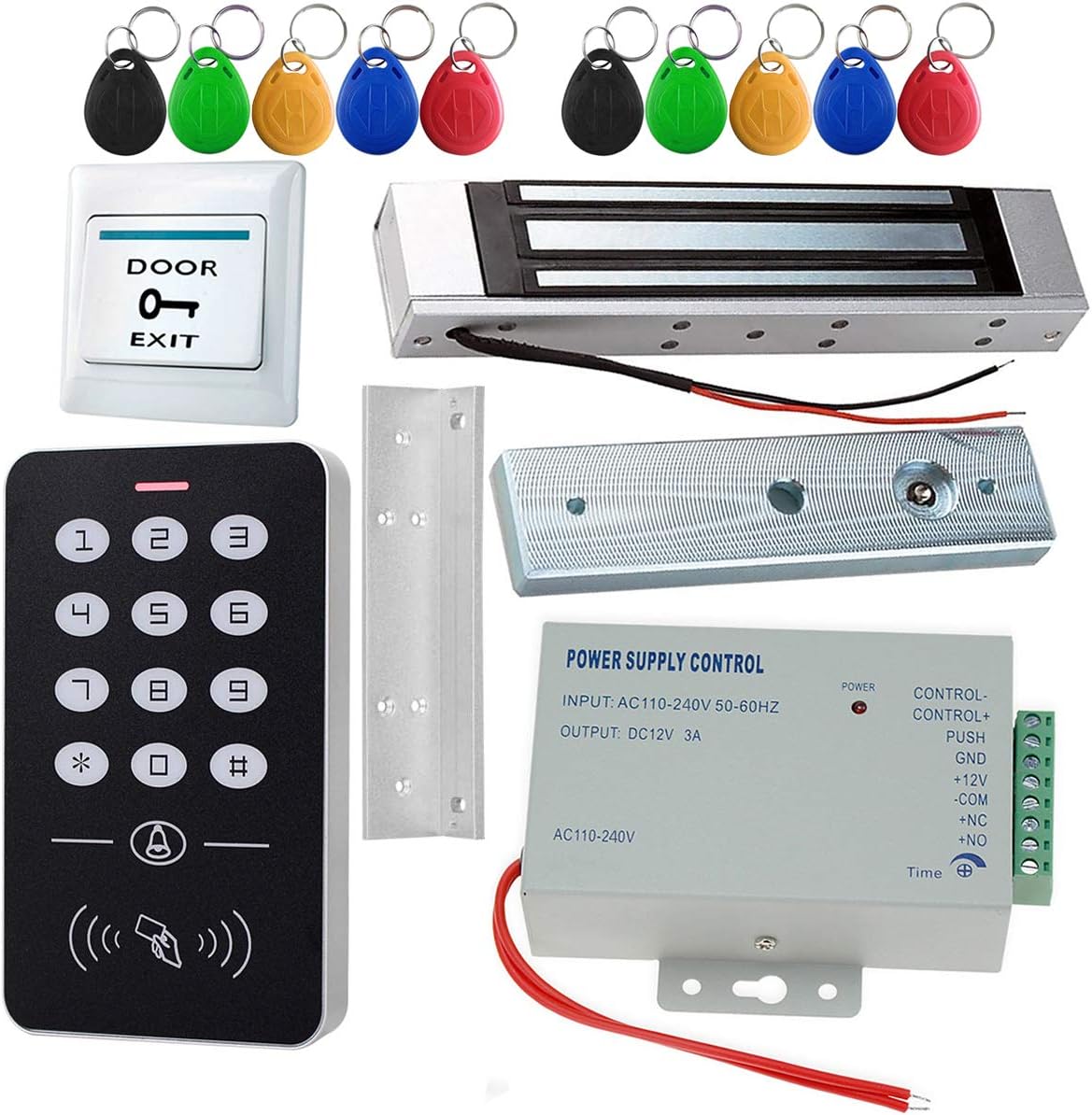 LEXI 125KHz RFID Access Control System Kit Frame Glass Door Set+Electric 180KG Magnetic Lock+10 Keytab+Power Supply+Exit Button-A1 (A1+E6+K80+10ID+180KG+ZL) Pack of 2