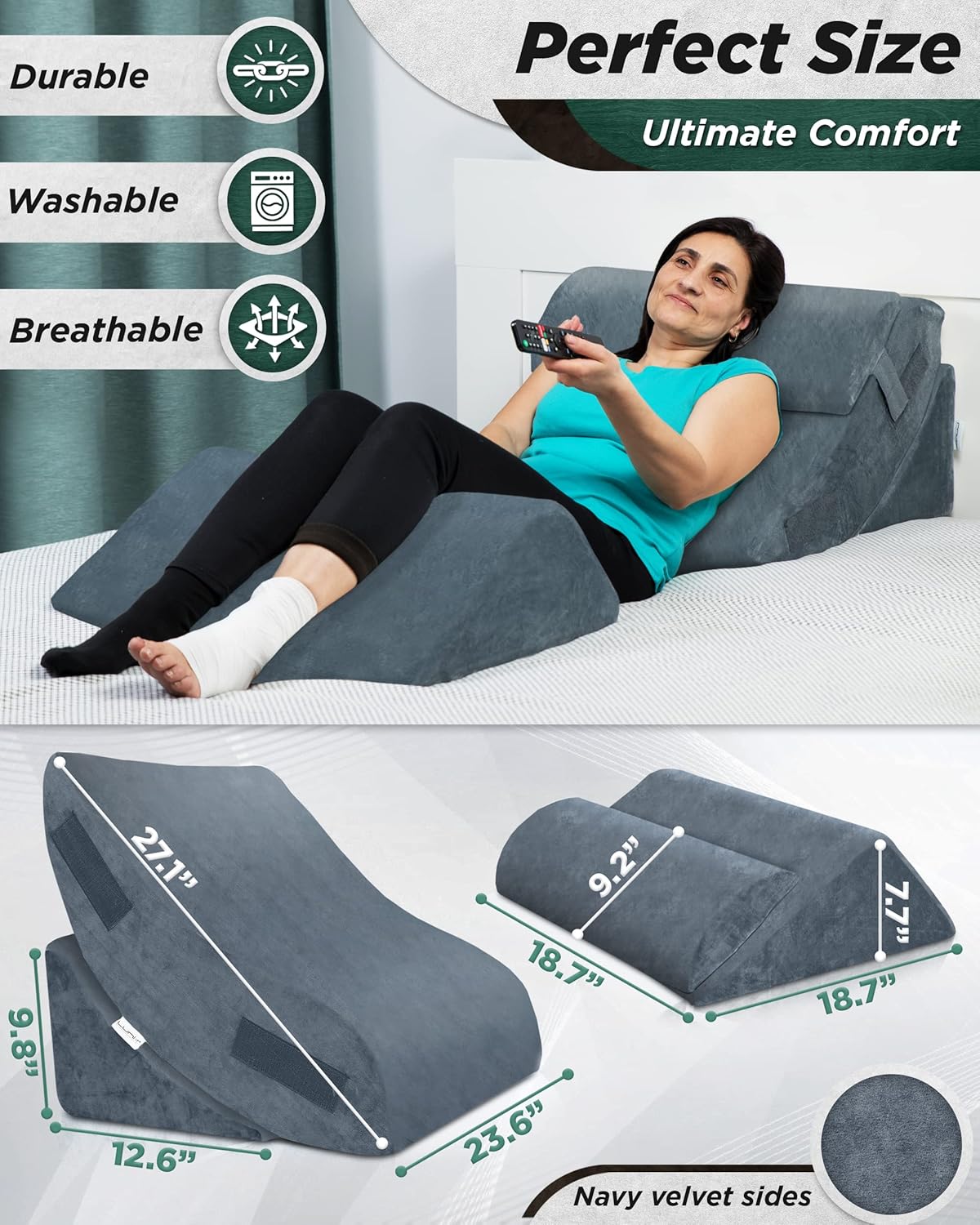 Lunix LX5 4pcs Orthopedic Bed Wedge Pillow Set, Post Surgery Memory Foam for Back, Neck and Leg Pain Relief. Sitting Pillow, Comfortable and Adjustable Pillows Acid Reflux for Sleeping 100% Navy