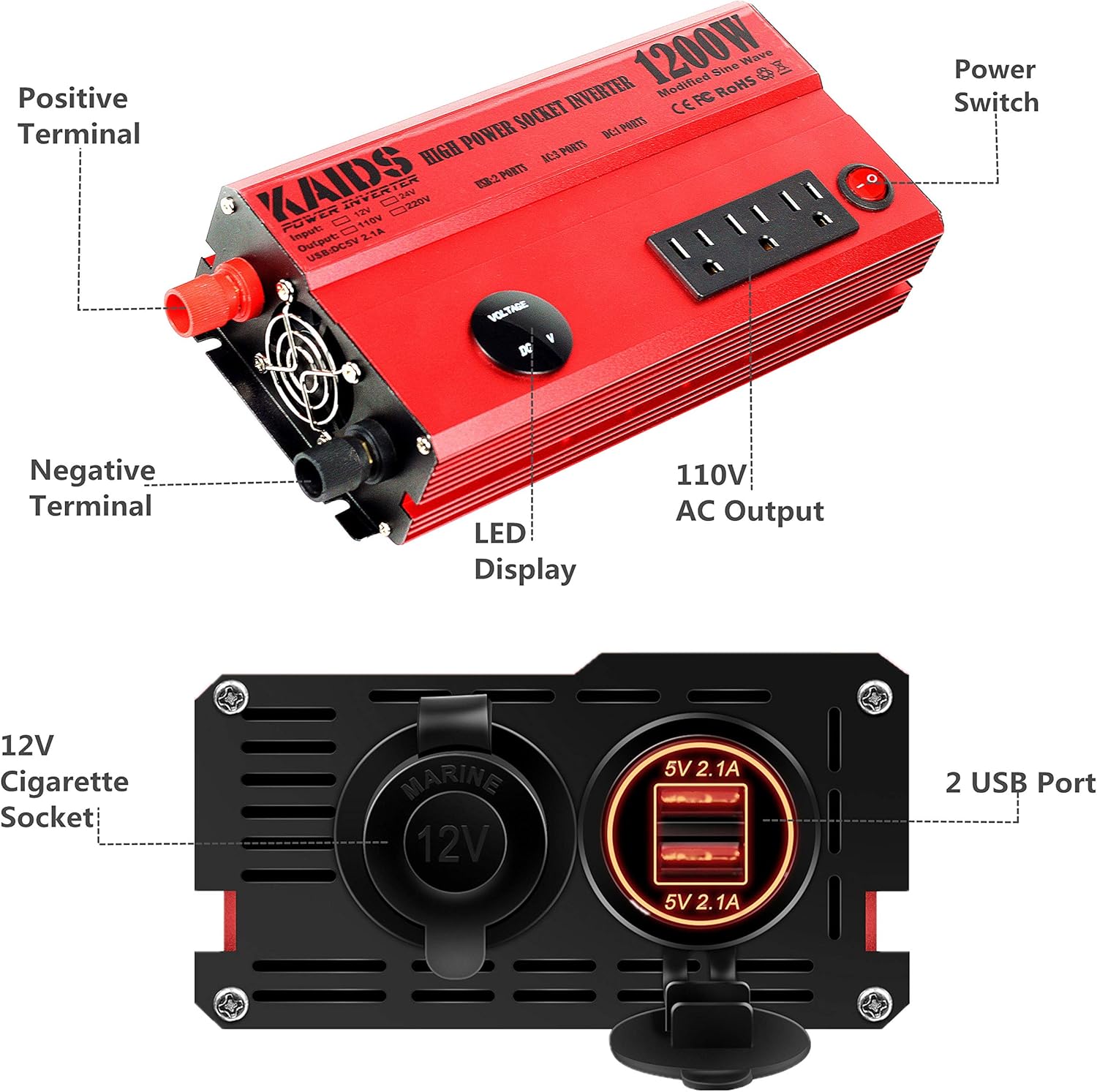 KAIDS Full Power 1200W Car Power Inverter DC 12V to 110V AC Car Inverter USB Ports Charger Adapter Car Plug Converter with Switch and Current LED Screen (1200w) Pack of 2