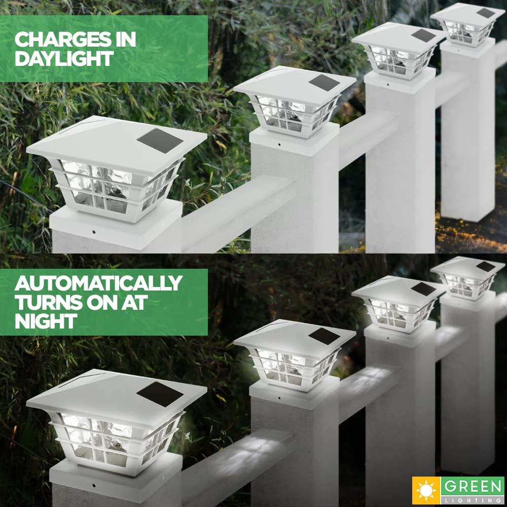 GreenLighting 4 Pack Cape Cod 5x5 Solar Powered Post Cap Light with 4x4 Base Adapter, Fits 5 inch and 4 inch PVC Posts (White)
