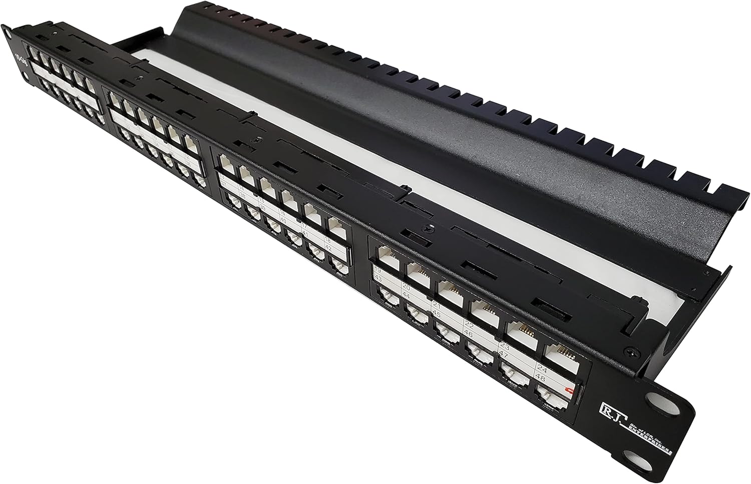R.J. Enterprises -HDPP-C6-48 ONE U-No Punch Down,Cat6,Patch Panel (10 Gig,Tool-Less, Feed Through,High Density) 48 Port in 1 U-Rack Mount-Data Center-Telecom Room,Collocation,PoE+ Compliant, Ethernet