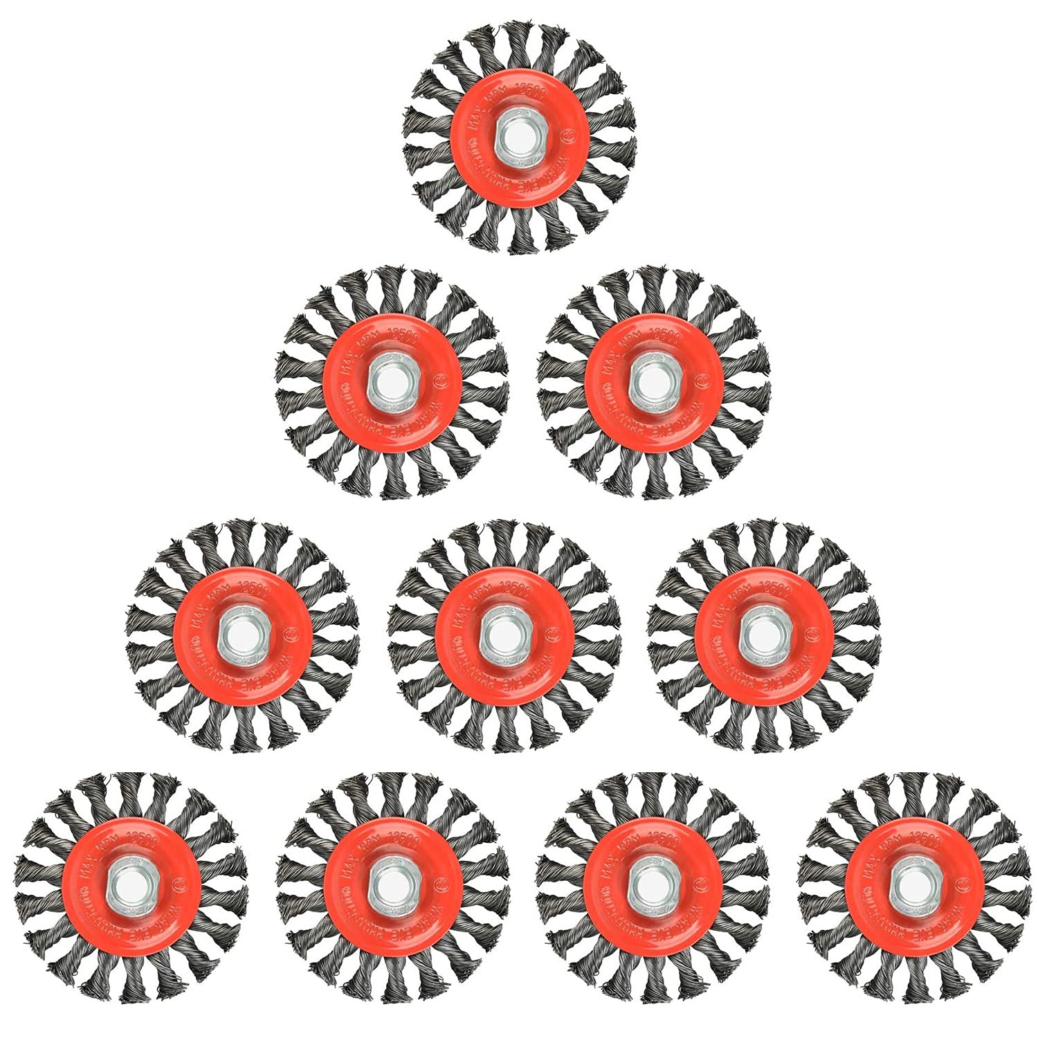 10 PCS - 4 Inch Twist Knotted Wire Wheel Brush for Grinders and Angle Grinder - 5/8 Inch-11 Threaded Arbor - 0.020 Inch Carbon Steel Wire - Heavy-Duty Conditioning for Metal - 4