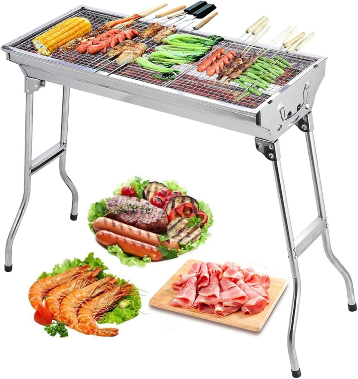 Barbecue Charcoal Grill Stainless Steel Folding Portable BBQ Tool Kits for Outdoor Cooking Camping Hiking Picnics Tailgating Backpacking or Any Outdoor Event (Large)