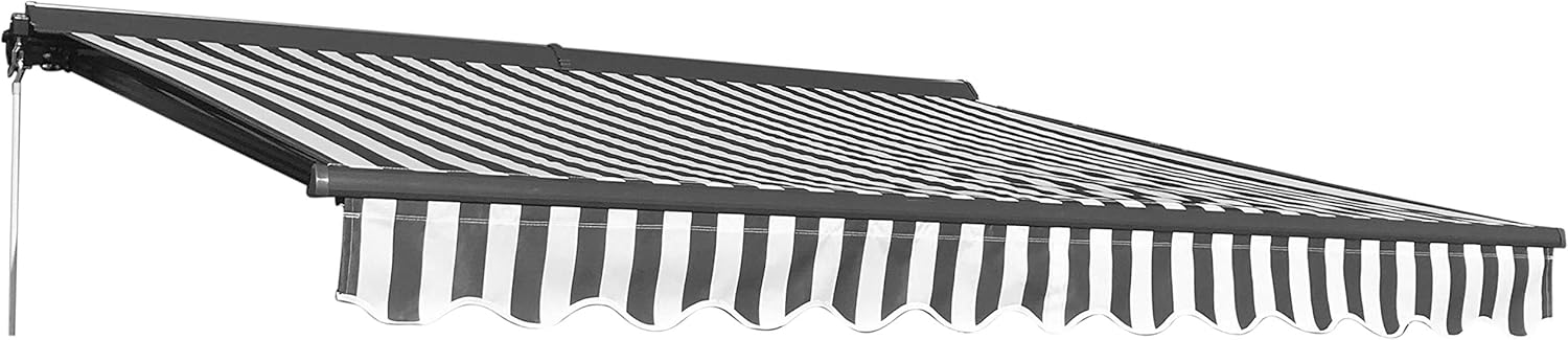 ALEKO Manual Retractable Half Cassette Patio Awning, 12x10 Ft Manual Exterior Sunshade Canopy with Hand Crank &ndash; Gray and White Stripes