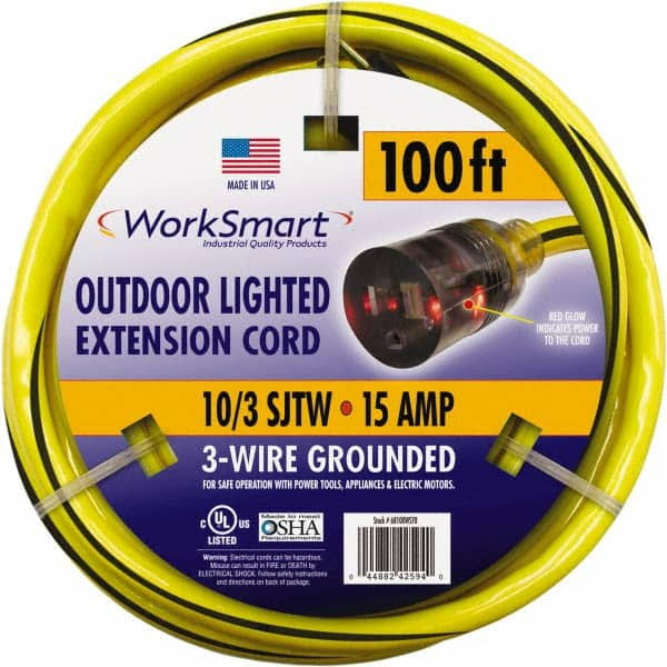 PRO-SOURCE 100&, 10/3 Gauge/Conductors, Yellow/Black Outdoor Extension Cord - 1 Receptacle, 15 Amps, UL Sjtw, NEMA 5-15P | Part