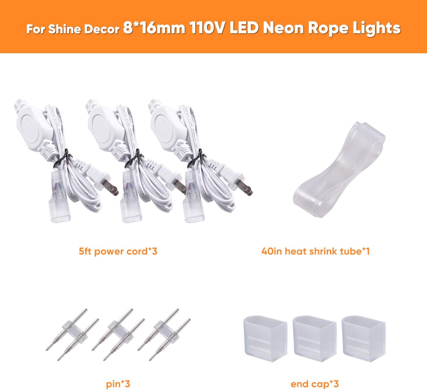 Shine Decor 5FT LED Power Cord, for 8x16mm 110V LED Neon Rope Lights Only, Pack of 3