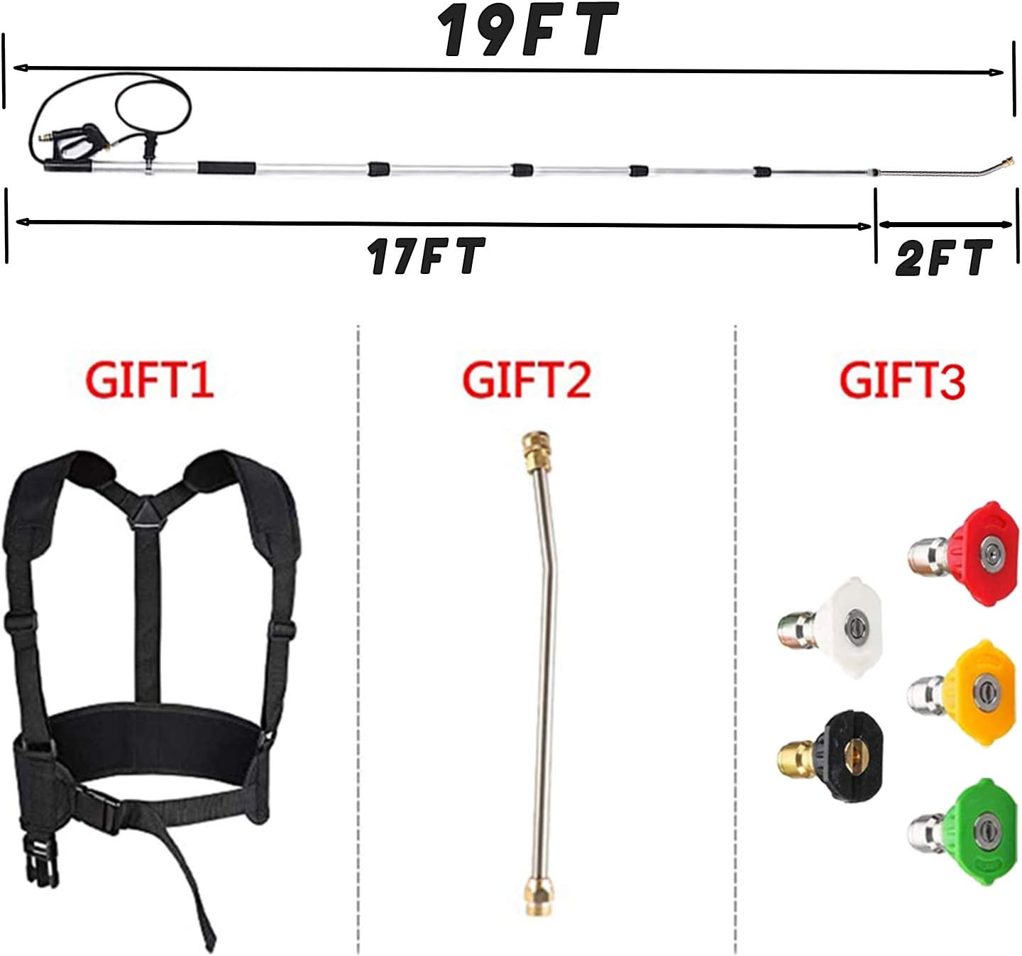 jOYjOB Pressure Washer Extension Wand with Harness and Gutter Cleaner Attachment Commercial Grade 4000psi Telescoping Power Washer Wand