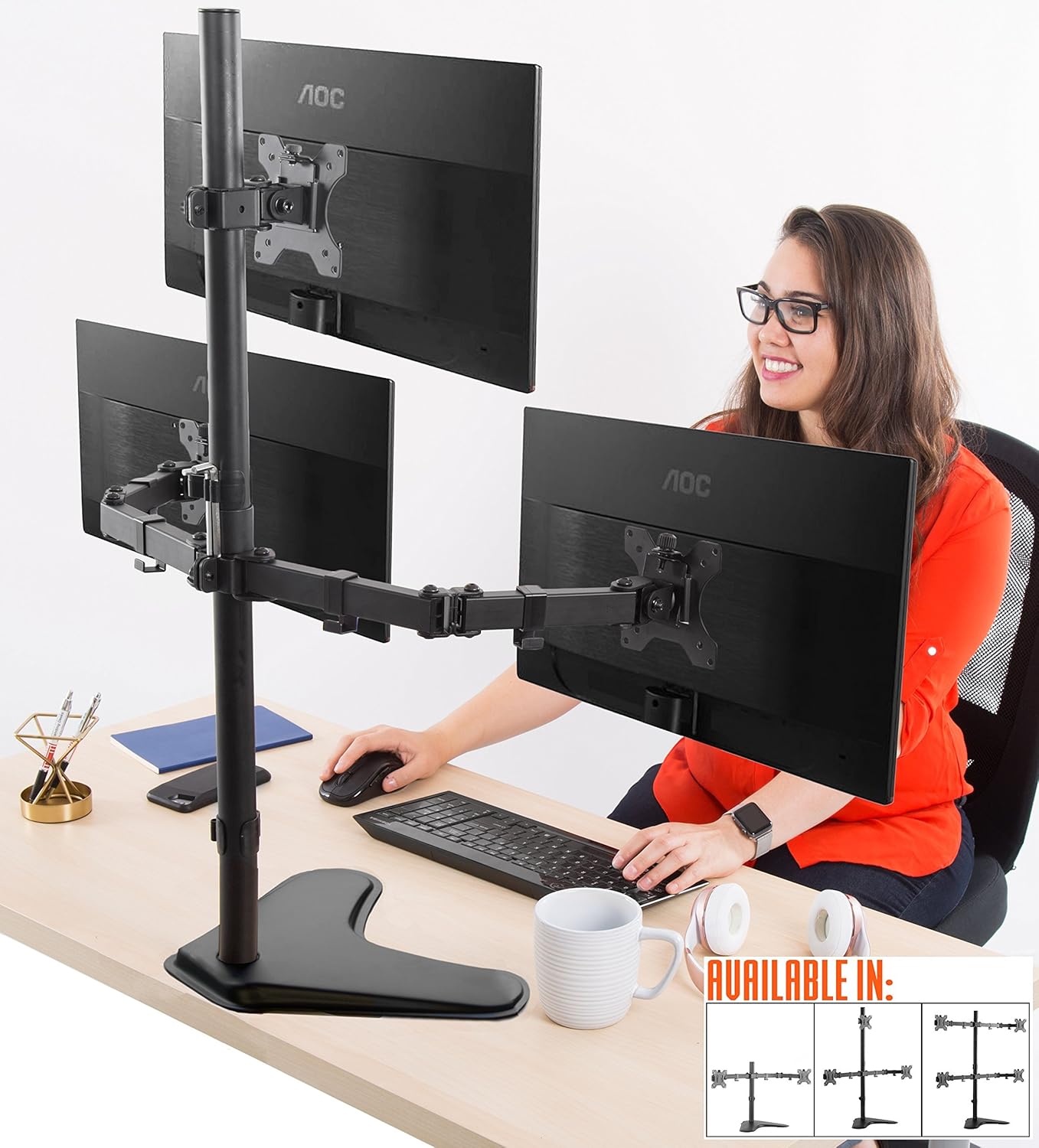 Stand Steady Freestanding 3 Monitor Mount Desk Stand | Height Adjustable Triple Monitor Stand with Full Articulation VESA Mounts | Fits Most LCD/LED Monitors 13-32 Inches (3 Arm Freestanding) Pack of 2