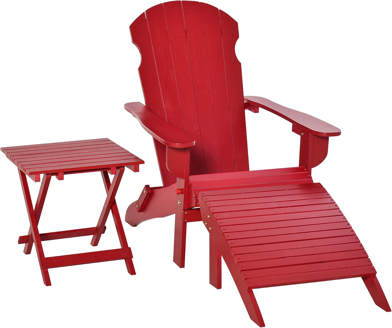 Outsunny 3-Piece Wooden Adirondack Chair Set with Comfort Ottoman & Handy Side Table with Easy Folding Design, Red