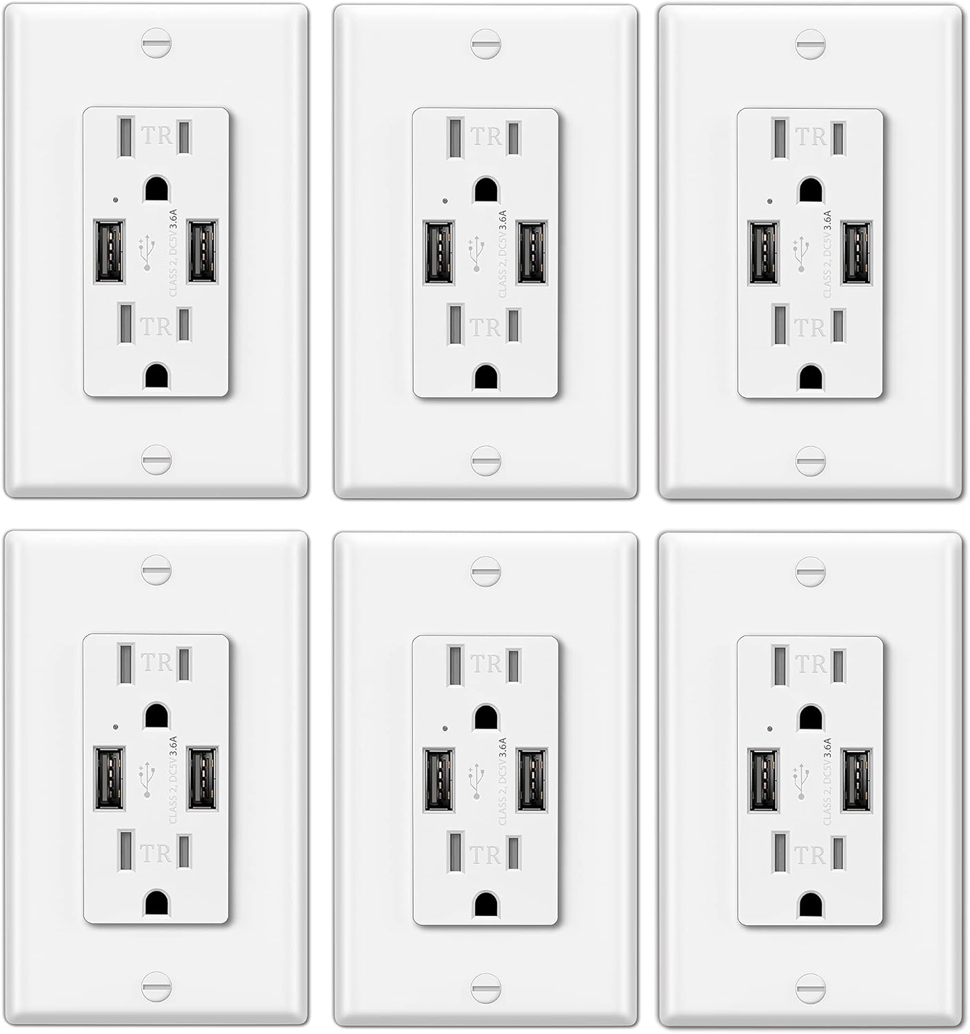 6 Pack - ELECTECK 3.6A Dual USB Charging Ports, USB Wall Receptacle Outlet, 15A/125V/1875W, Decor Wallplate Included, UL Listed, White Pack of 2