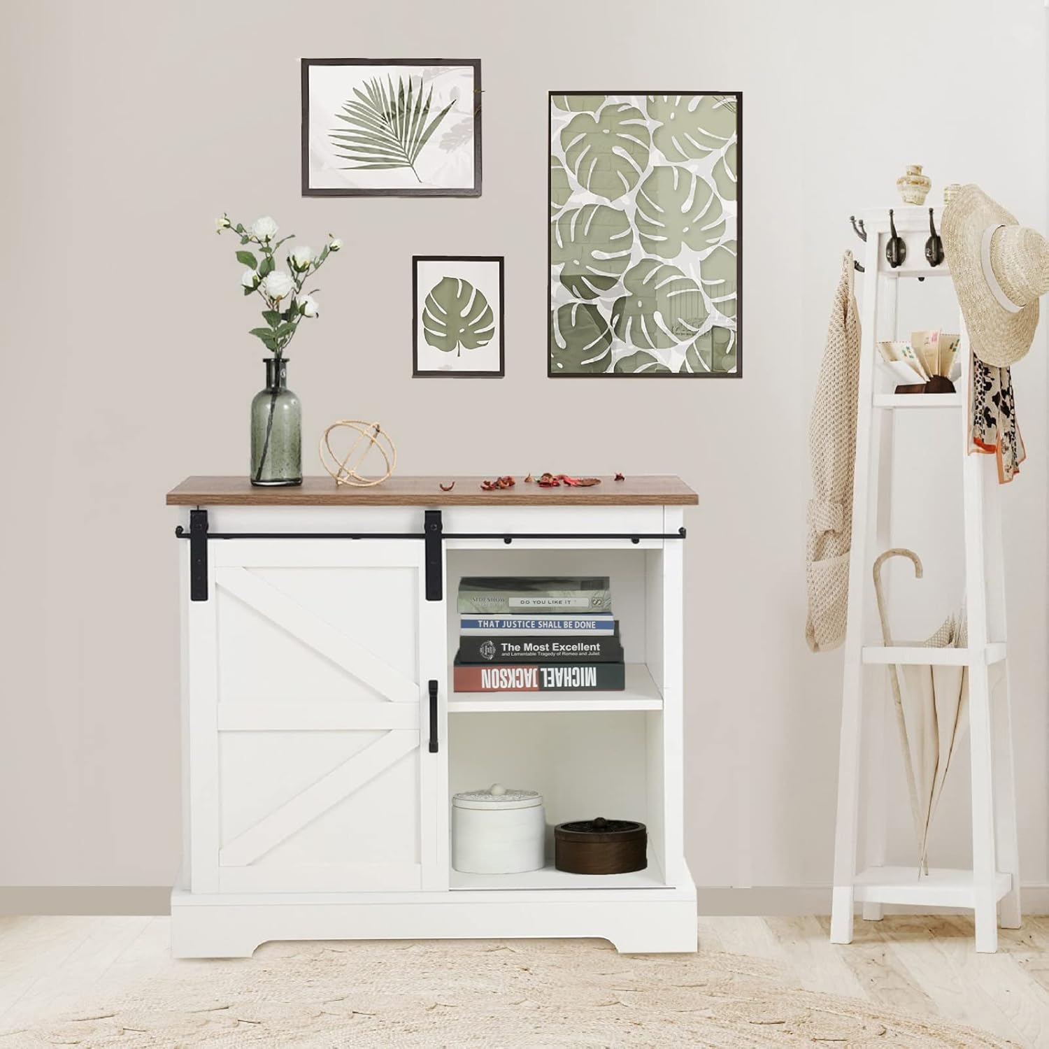 Sophia & William Farmhouse Storage Chest with Sliding Barn Door and Metal Knob, Accent Decorative Painted Storage Cabinet Furniture for Entryway Hallway Kitchen, 31.5