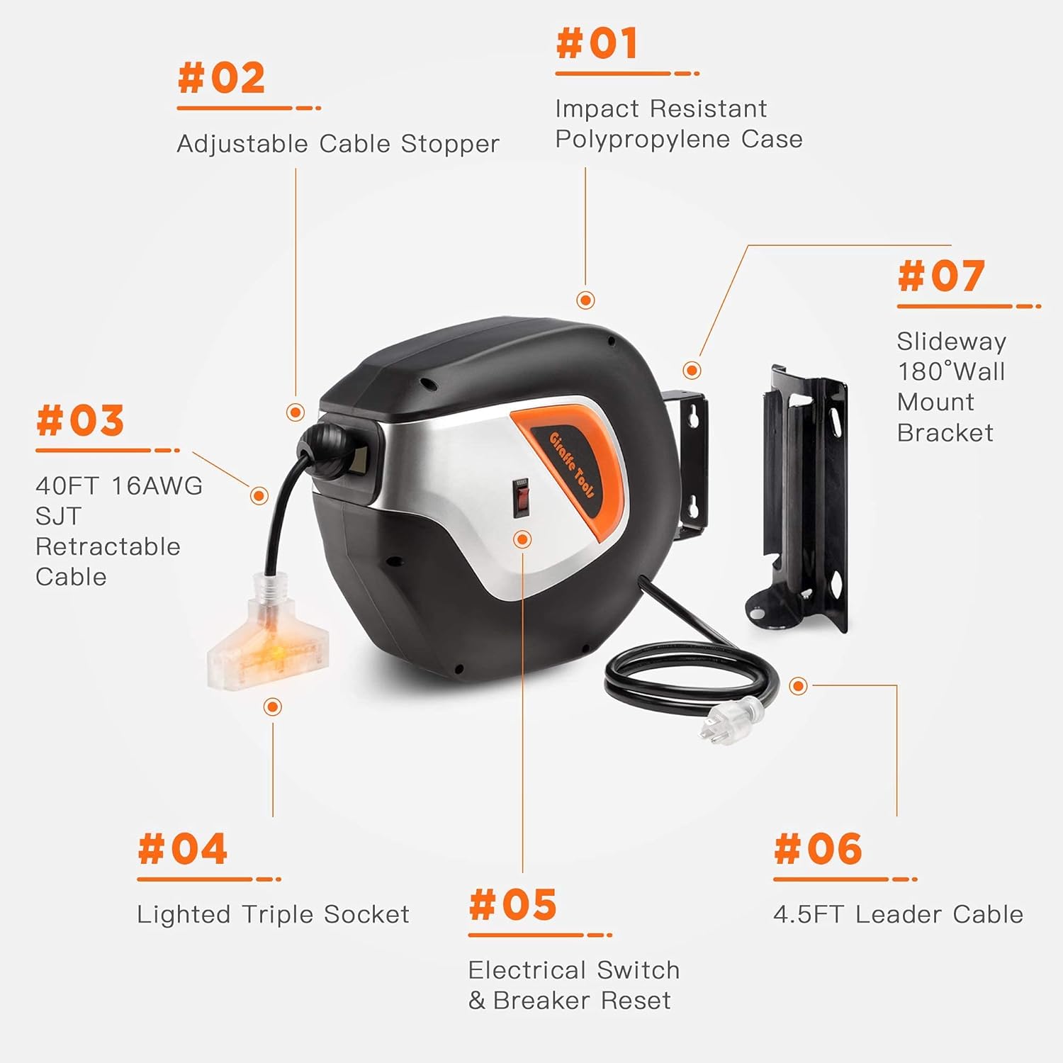 Giraffe Retractable Extension Cord Reel 16/3AWG x 40ft SJT Cable Ceiling/Wall Mounted Heavy Duty with Swivel Bracket, Lighted Triple Tap