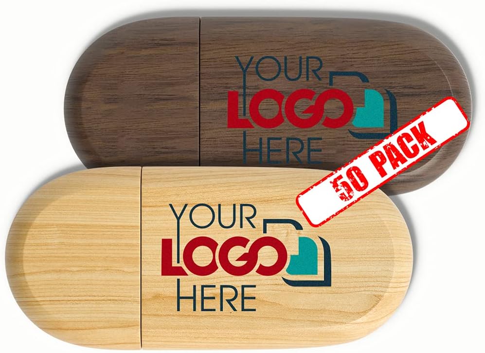 Possibox Custom Wood USB Flash Drive 16GB Printed or Engraved with Your Logo - as Promotional Gift Bulk USB 3.0 - 50 Pack