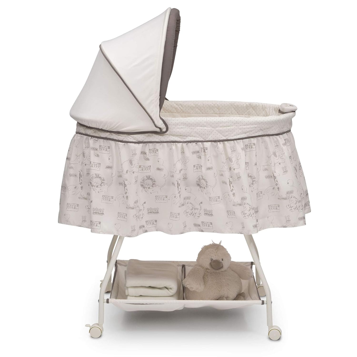 Delta Children Deluxe Sweet Beginnings Bedside Bassinet - Portable Crib with Lights and Sounds, Playtime Jungle Pack of 2