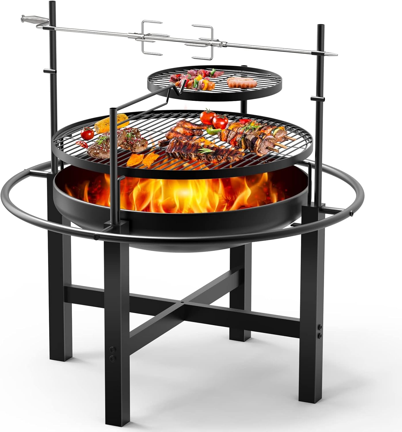 Signstek 32&rdquo; Outdoor Fire Pit with Adjustable Roast Fork, Cooking Grill, 23&rdquo; Fire Pit Bowl Set for Courtyard or Beaches BBQ, Camping Picnic, Backyard Wood Burning and Garden Campfire Heating