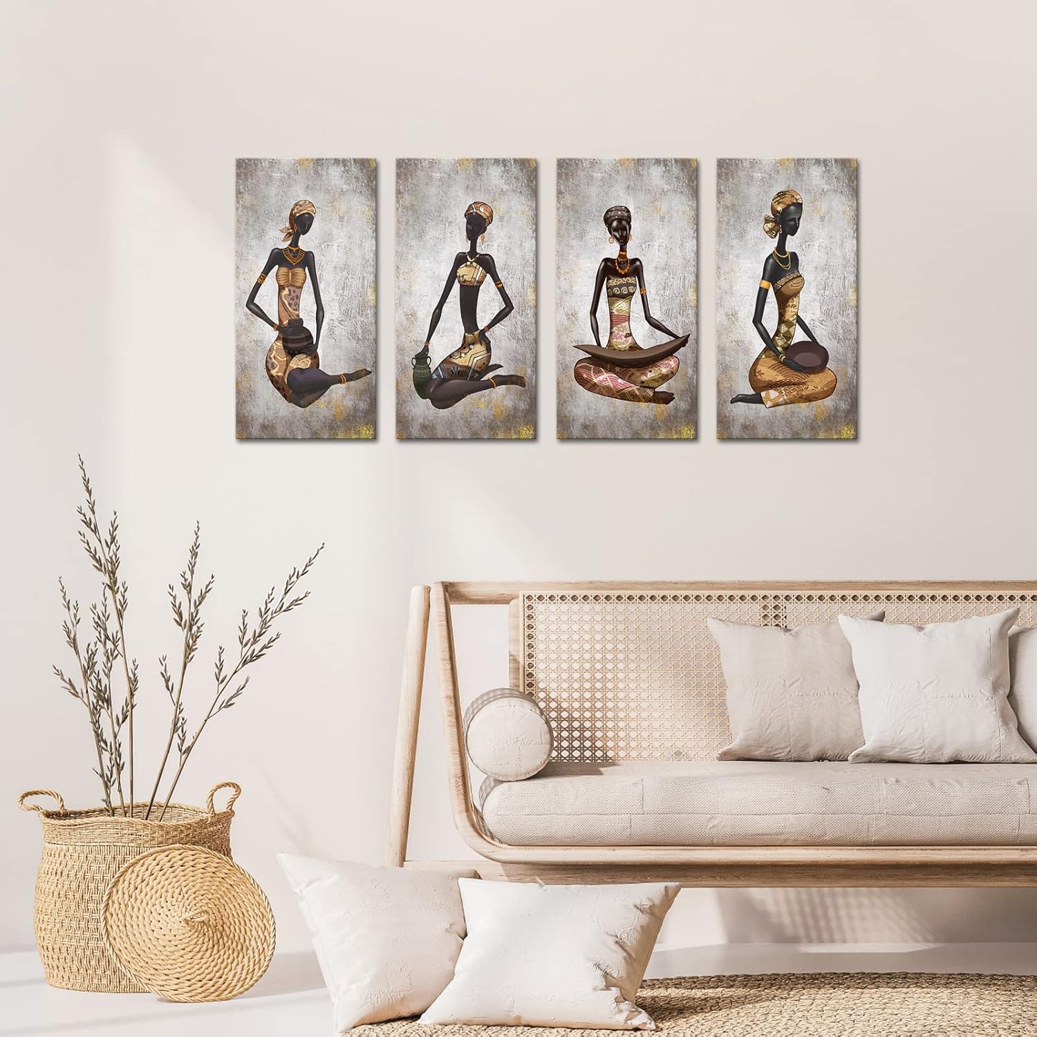 WuaoArt 4 Pieces African Woman Canvas Painting Tribe Lady Wall Art Traditional Black Girl Artwork for Home Bedroom Living Room Decor Gallery Wrapped Ready to Hang