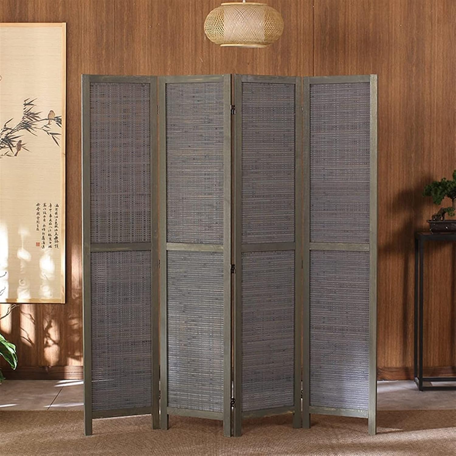 BLLXMX 4 Panel Wood Room Divider,5. 9 Ft Tall Folding Privacy Screen Room Divider, Freestanding Partition Wall Dividers for Office,Bedroom,Grey