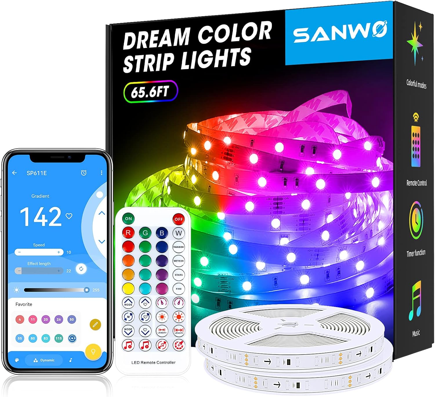 65.6ft Dream Lights Led Strip Lights, 142 Chasing Effects Chasing Led Lights Strip with Remote, APP Controlled Strip Lighting Sync with Music for Bedroom Pack of 2