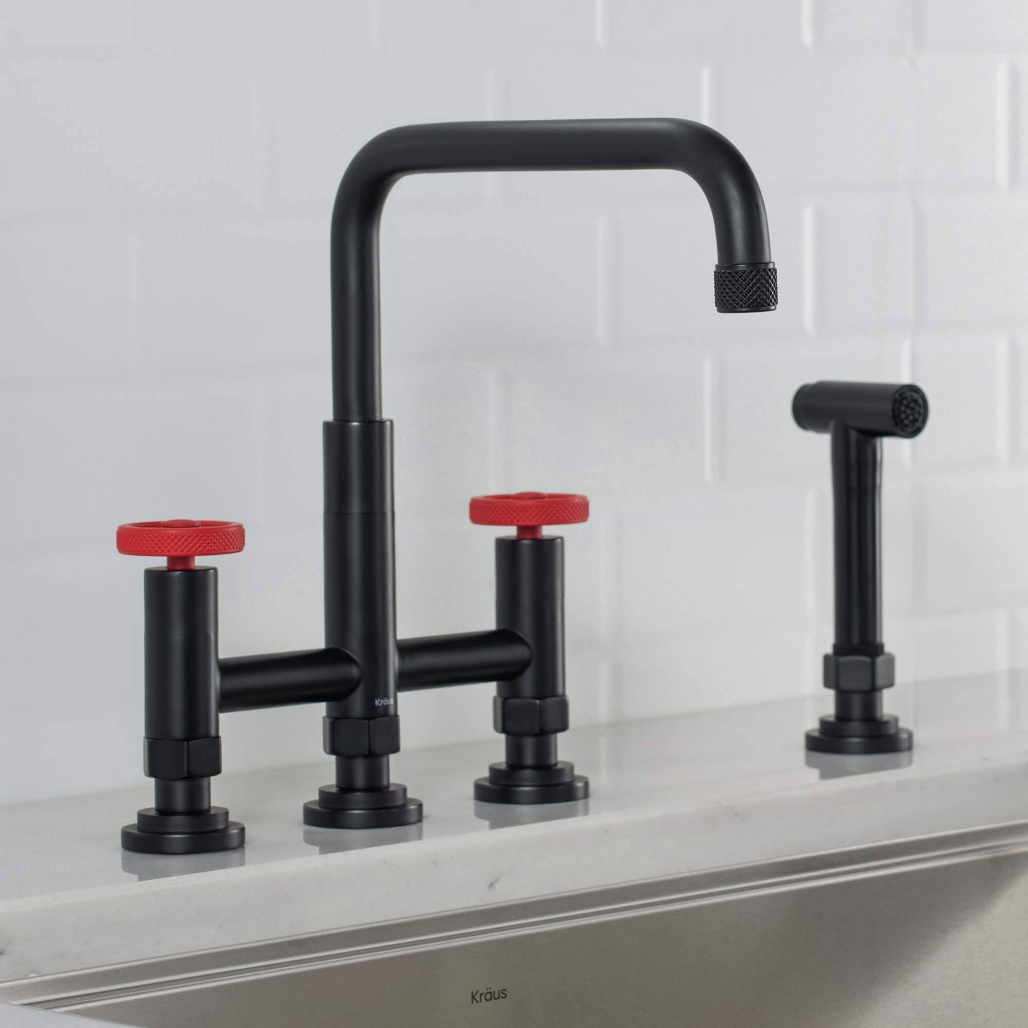 Kraus KPF-3125MBRD Urbix Industrial Bridge Kitchen Faucet with Side Sprayer Matte Black u0026 Red