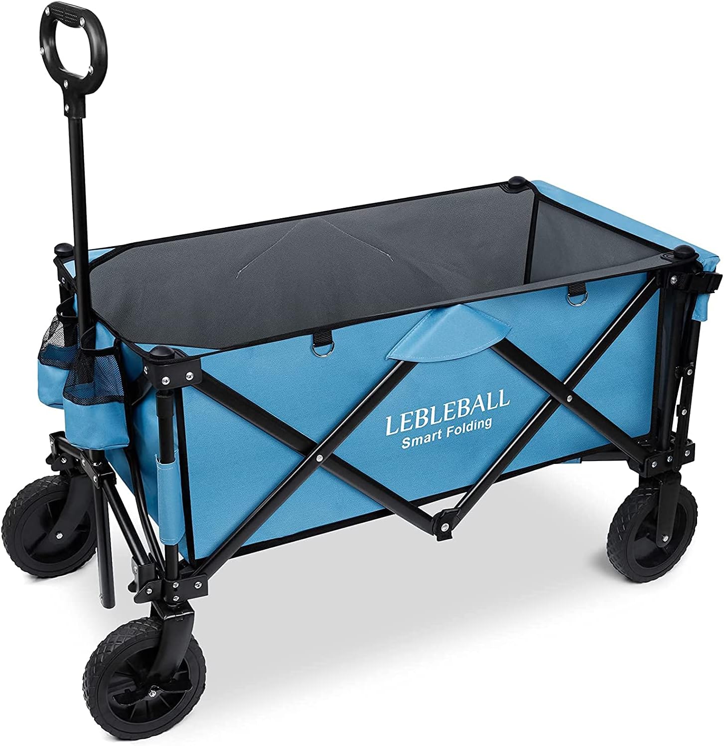 LEBLEBALL Outdoor Collapsible Folding Portable Heavy Duty Large Capacity Utility Wagon All Terrain Wagon Cart with 2 Cup Holders and Big Wheels Brake for Camping, Garden-Blue