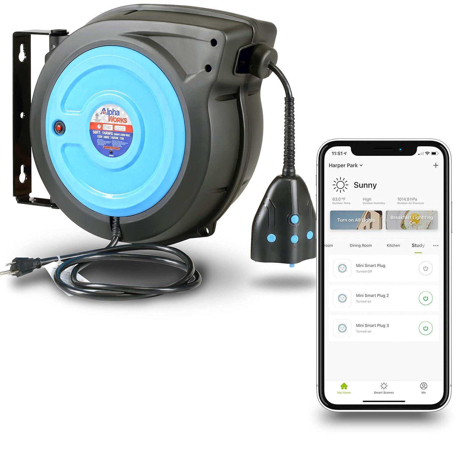 AlphaWorks Cord Reel Extension Alexa Plug 14AWG x 50' Feet (2) IP64 Waterproof Wireless Remote Control Timer Rated at 13A 1625W & Advanced Slow Retraction Technology (SRT) [Patent Pending]