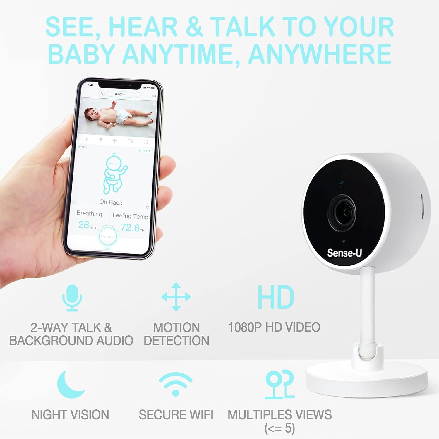 Sense-U Video Baby Monitor with 1080P HD WiFi Camera and Background Audio, Night Vision, 2-Way Talk, Motion Detection, Long Range & Free Smartphone App