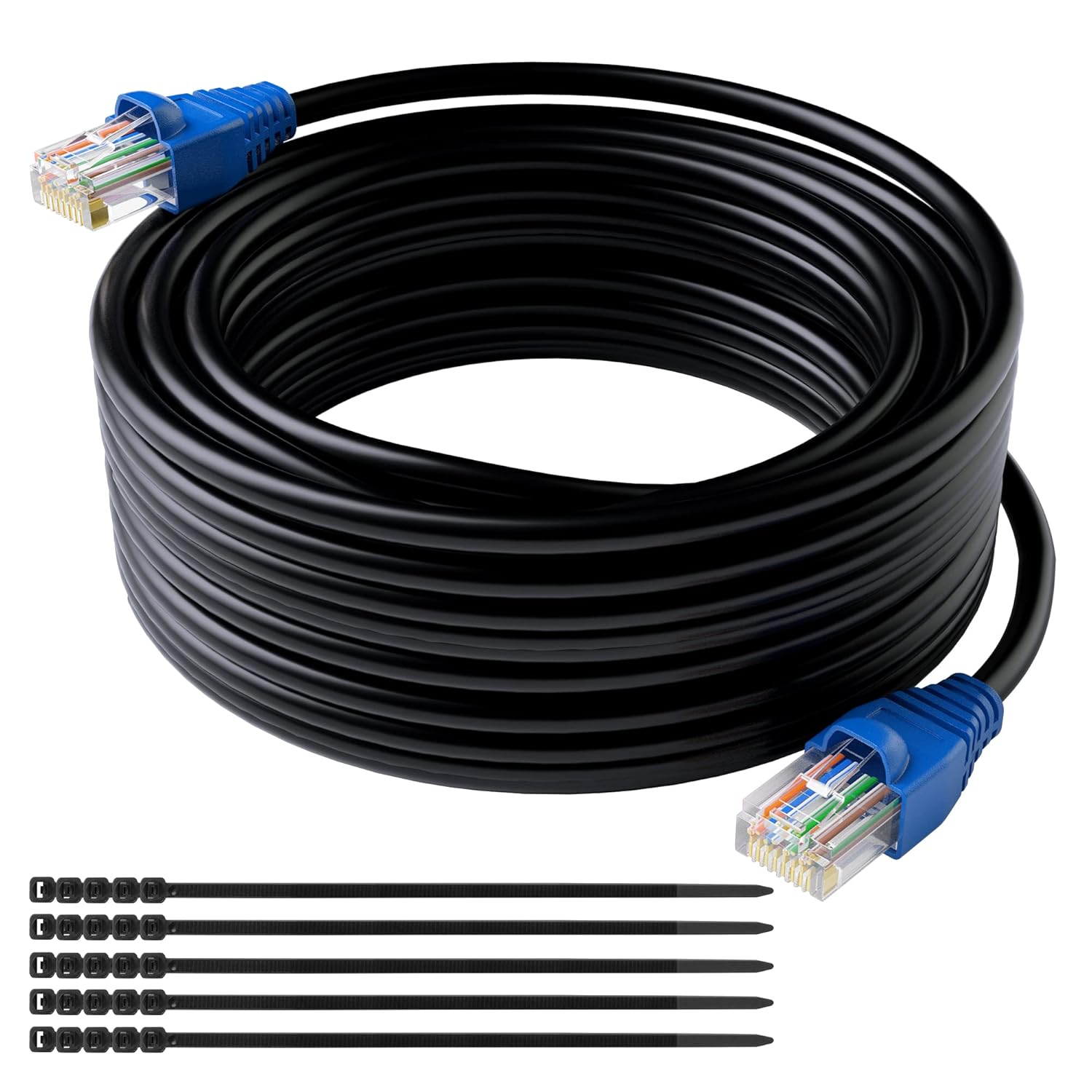 Cat6 Outdoor Ethernet Cable Heavy Duty 75 Feet Cat 6 Network Internet (25ft to 300ft),Faster Than Cat5e/Cat5,Waterproof UV LLDPE Douable Jacket for in Wall,Direct Burial,POE with 25 Ties- 75 ft