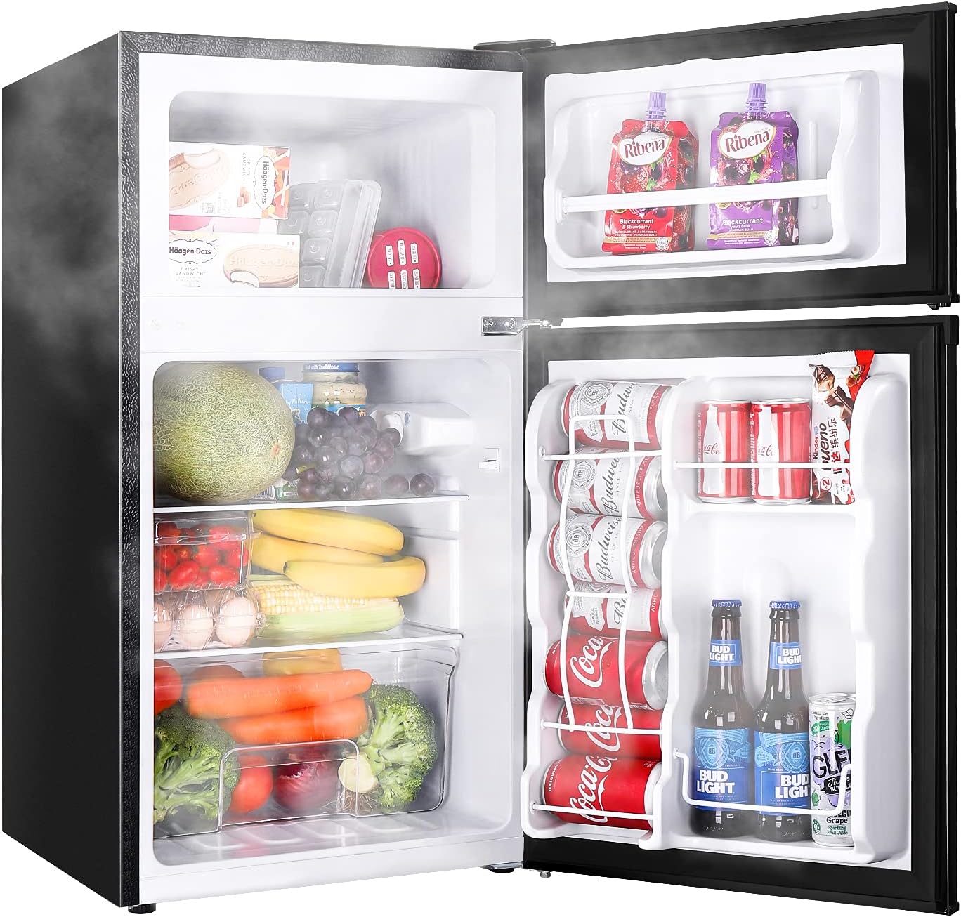 Upstreman 3.2 Cu.Ft Mini Fridge with Freezer, Double Door Mini Fridge, Adjustable Thermostat, Mini Refrigerator for Dorm, Office, Bedroom, Black-BD321