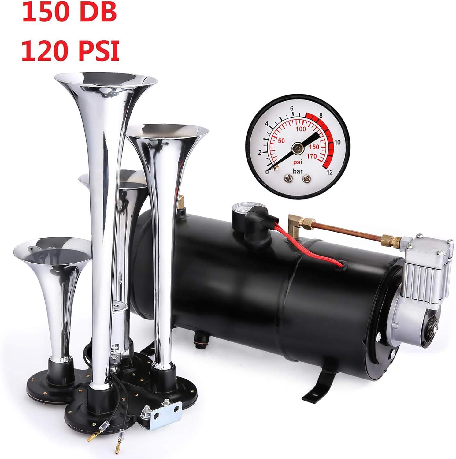 150DB Super Loud Train Horns kit for Trucks, 4 Air Horn Trumpet for Car Truck Train Van Boat, with 120 PSI 12V Compressor and Gauge (Dark Black)