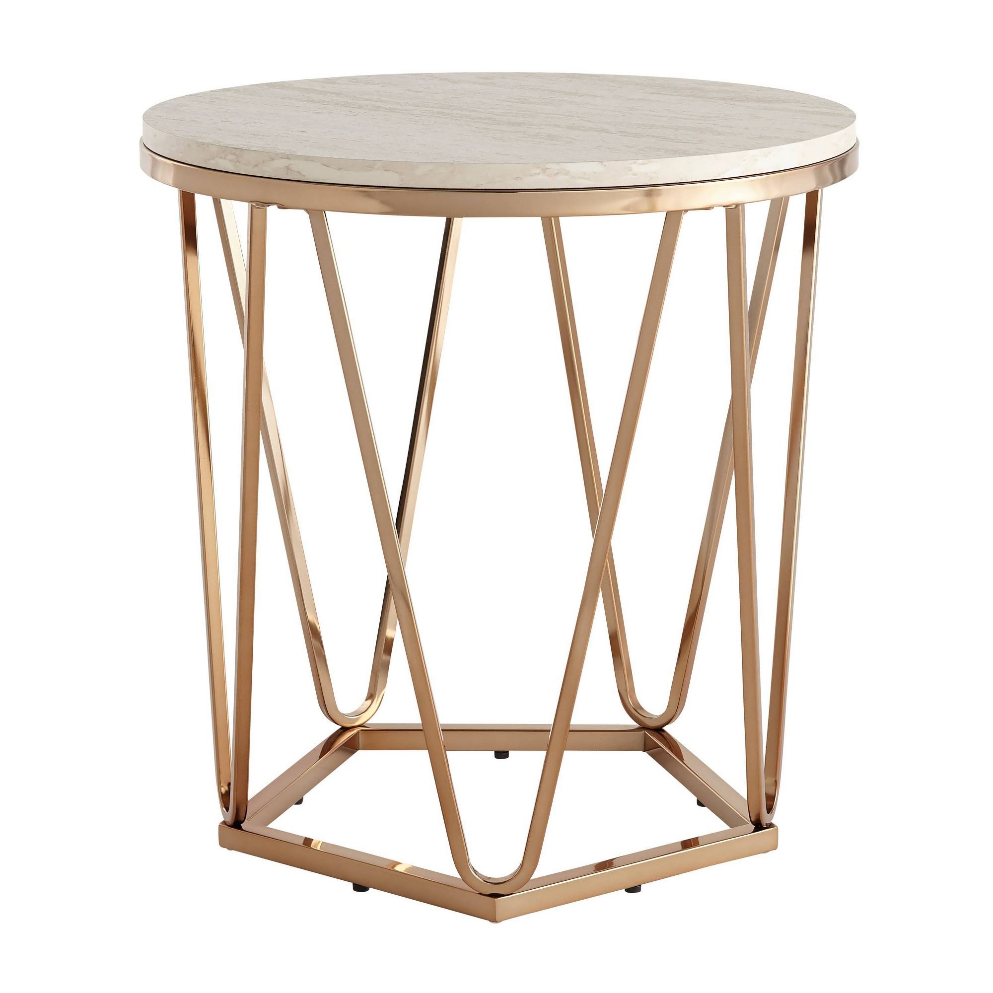 Laconia Faux Stone Round End Table White/Gold - Aiden Lane