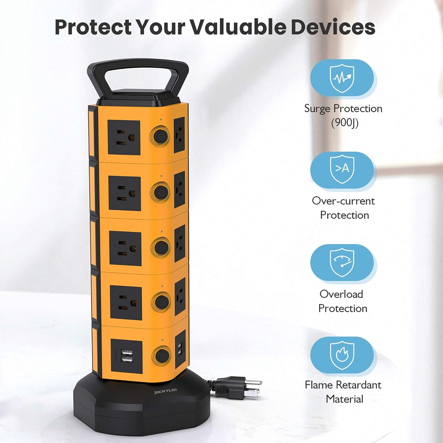 JACKYLED Power Strip Tower Surge Protector 18 AC Outlets and 4 USB Ports with 6.5ft Heavy Duty Extension Cord Electric Charging Station for Home Office Dorm Laptop Computers Orange Black Pack of 2