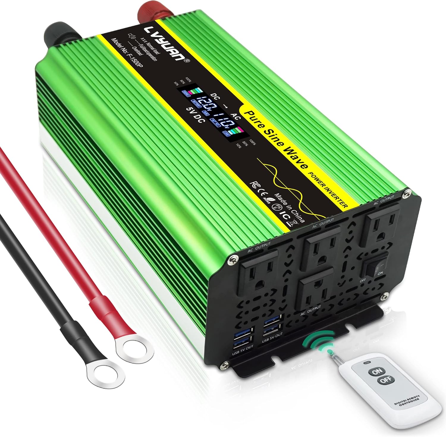 LVYUAN Pure Sine Wave Inverter 1600 Watts Inverter 12V to 110V DC to AC with Remote Controller, LCD Display 4 AC Sockets and 4 USB Ports for Car Truck Solar Power (PSW1600W-GREEN)