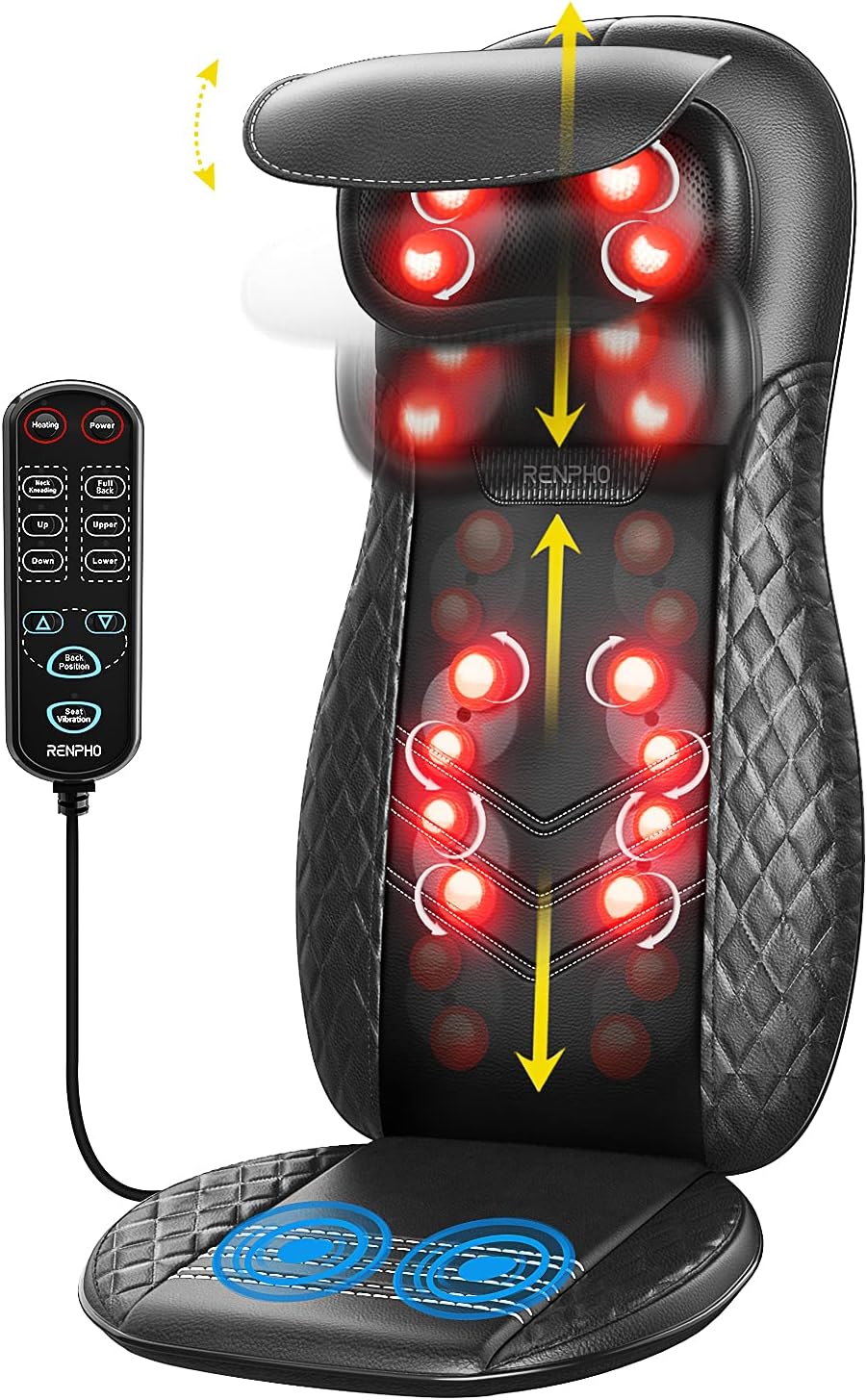 Back Massager with Heat, RENPHO Chair Massage Pad, Shiatsu and Rolling Back and Neck Massager for Chair, Massage Cushion with Heat, Height Adjustable Massage Seat, for Shoulders, Full Body
