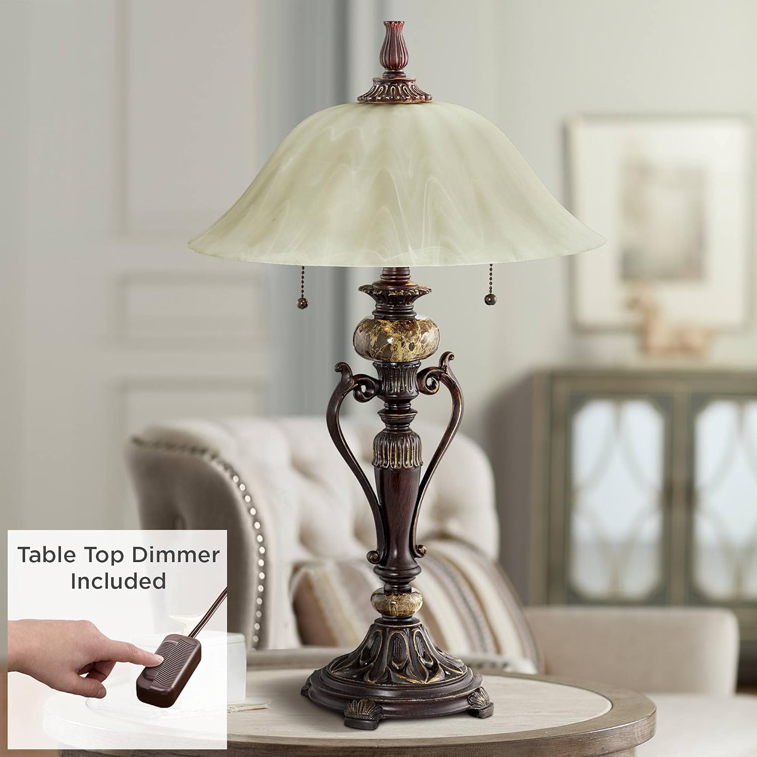 Amor Bronze Glass Shade Accent Table Lamp with Table Top Dimmer