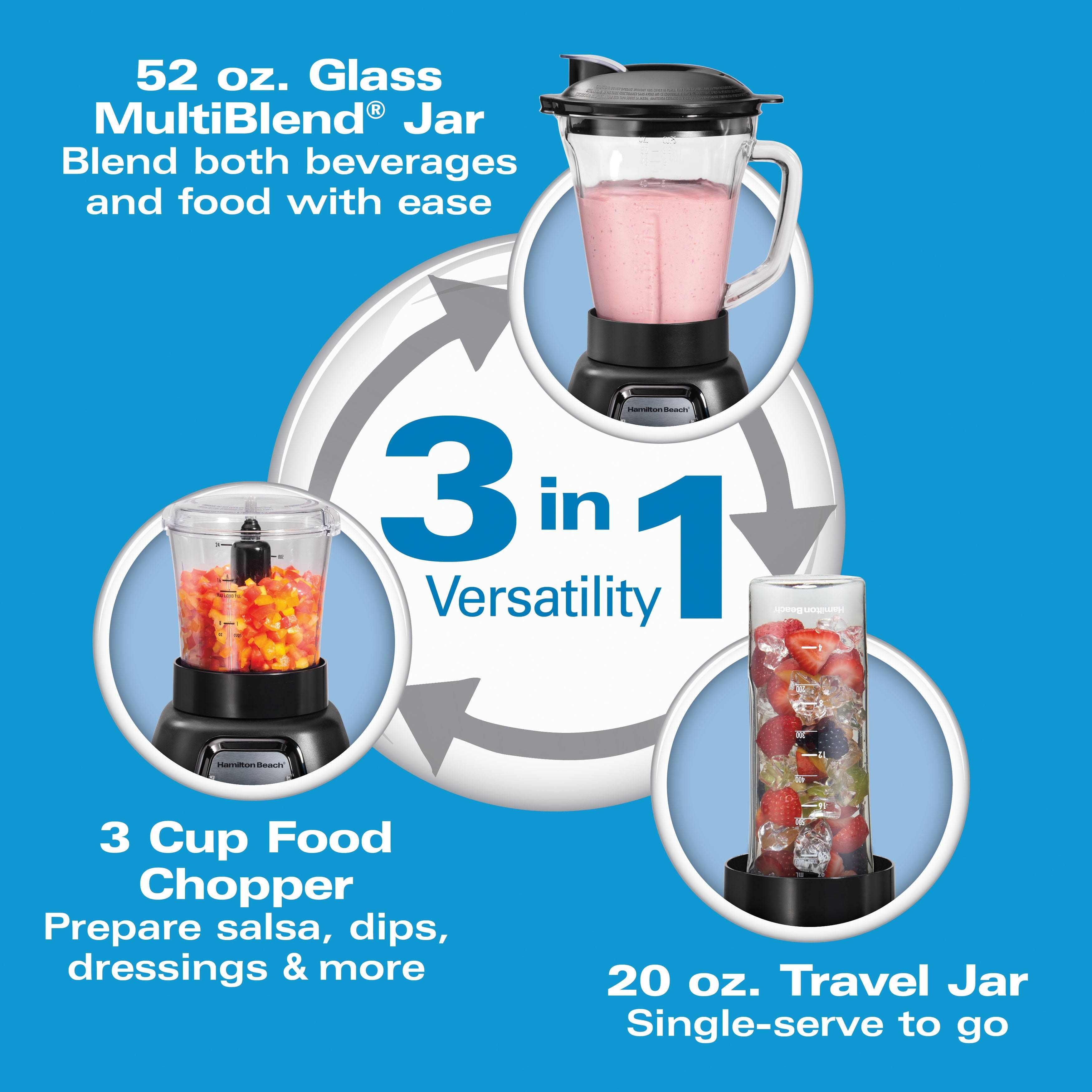 Hamilton Beach MultiBlend System with Glass Jar, Travel Jar u0026 Food Chopper, Black