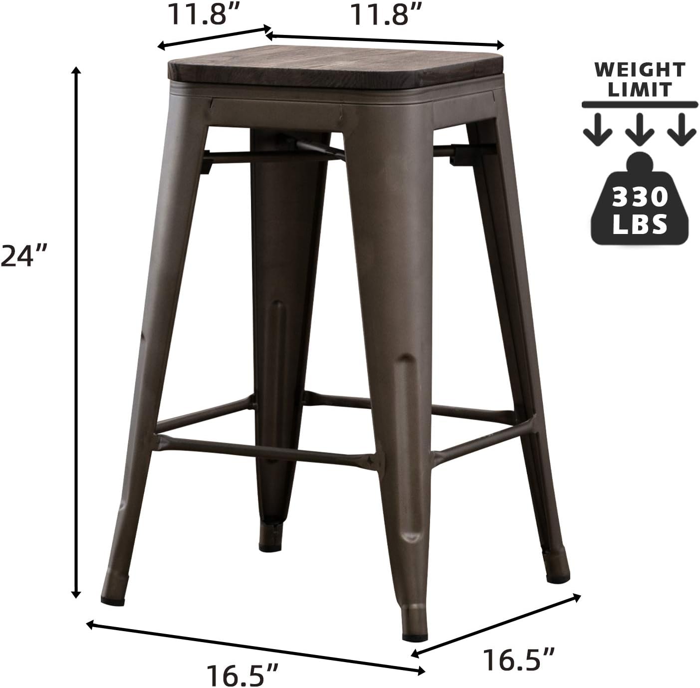 Bonzy Home Bar Stools Set of 4, 24 inches Indoor Outdoor Metal Bar Stools with Wood Seat, High Backless Stackable Home Patio Kitchen Dining Stool Backless Bar Chair