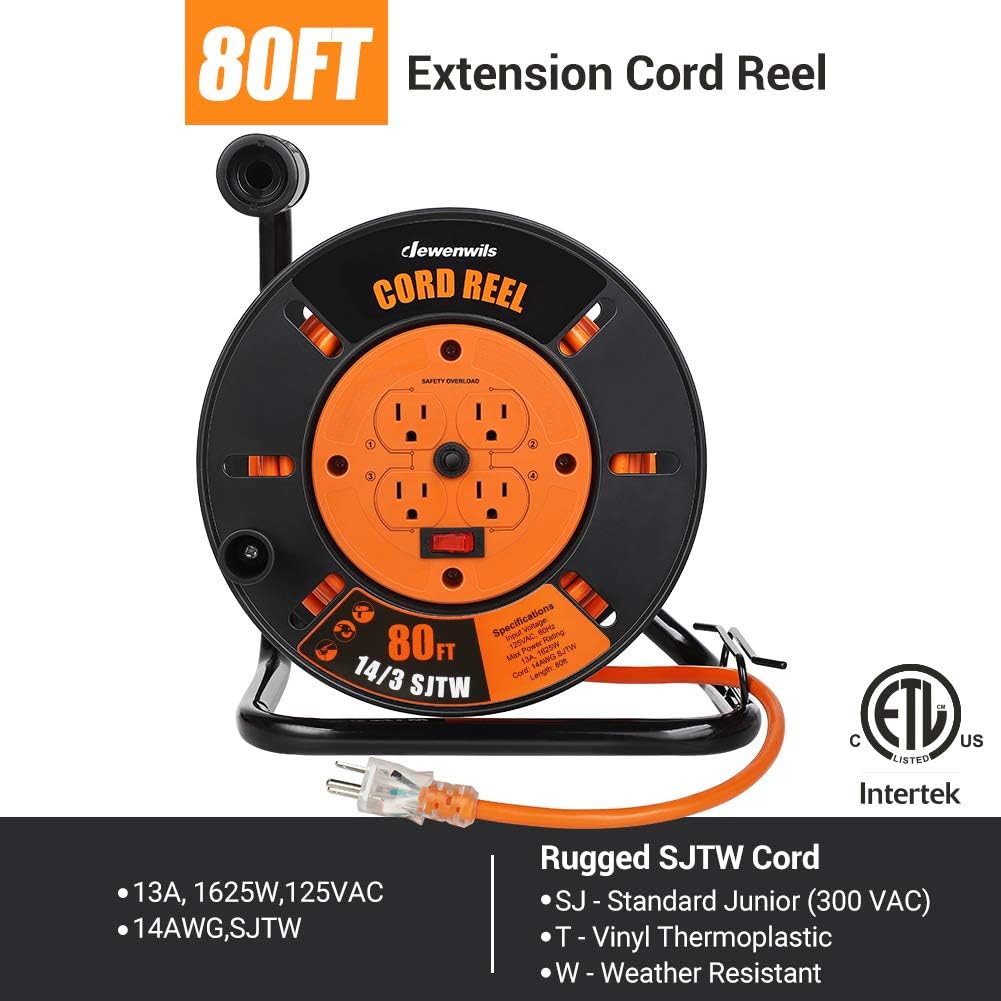 DEWENWILS Heavy Duty Open Cord Reel with 80FT Extension Cord, Hand Wind Retractable, 14/3 AWG SJTW, 4 Grounded Outlets, 13 Amp Circuit Breaker, Orange and Black, ETL Listed Pack of 2