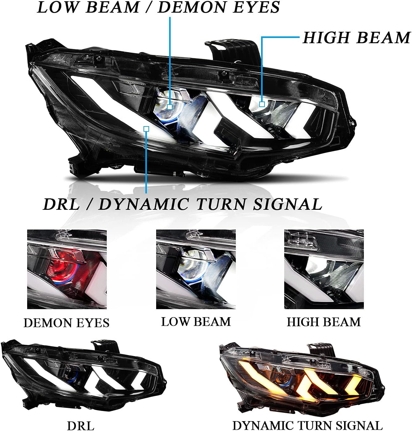 ARCHAIC Full LED Headlights Assembly for 10th Gen Honda Civic 2016-2020, Head Lamp with Sequential Turn Signal for Civic Sedan/Coupe/Hatchback, Headlight Assemblies for EX/LX/Sport/Touring/Si/Type R