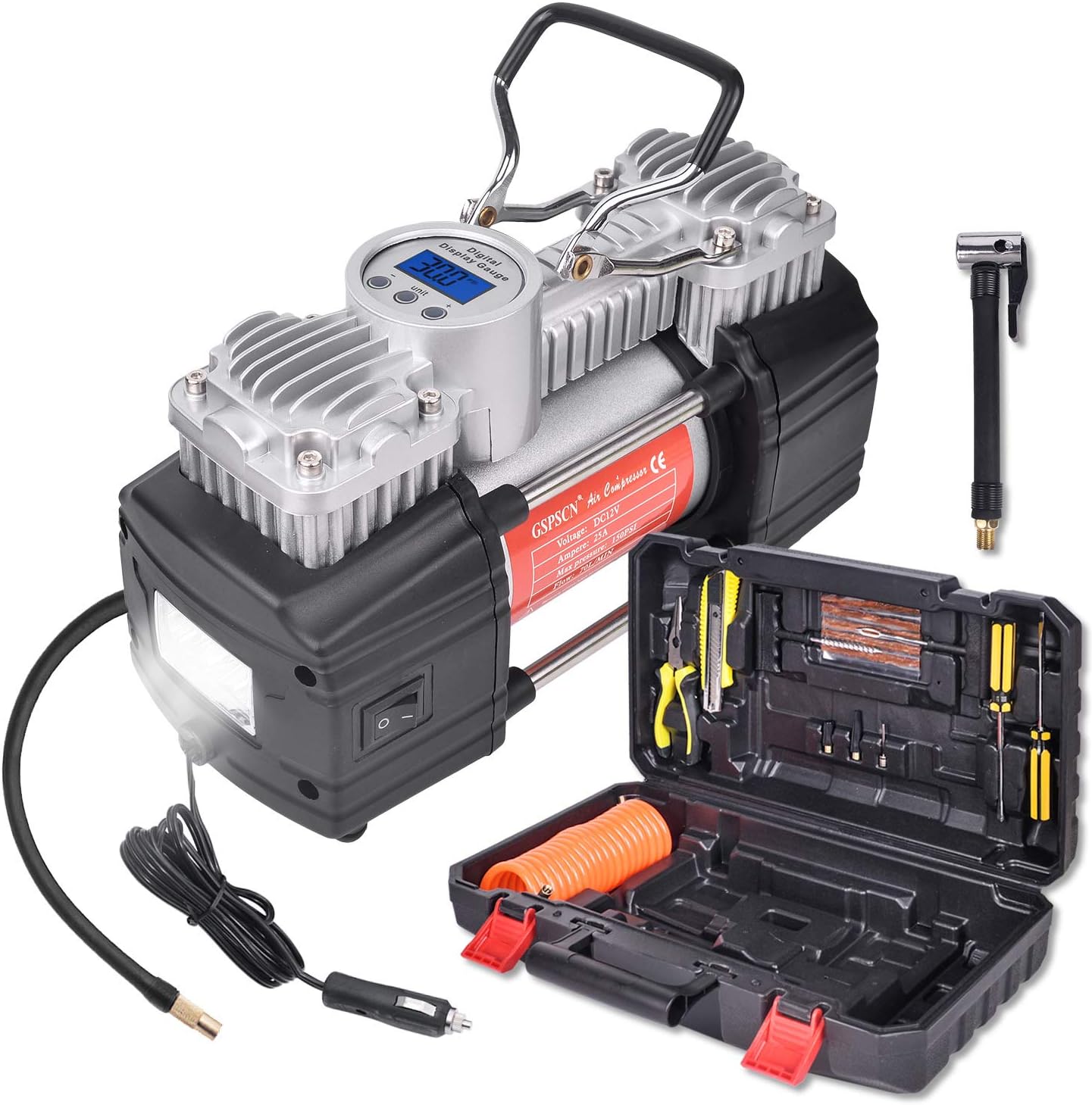 GSPSCN Portable Air Compressor Pump Tire Inflator with Digital Gauge, Heavy Duty Double Cylinder 12V Tire Pump 150 PSI with Tire Repair Kit and Toolbox for Auto,SUV,Off-Road,Truck,Bike Pack of 2