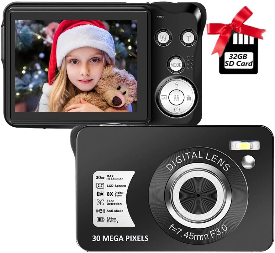 Digital Camera,30MP Compact Camera,2.7 inch Pocket Camera,Rechargeable Small Digital Camera for Kids,School,Children,Adults,Photography with 8X Digital Zoom(32GB SD Card Included,1 Battery) Pack of 2