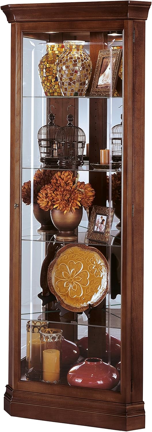 Howard Miller Jennings Corner Curio Cabinet 680-346 – Cherry Bordeaux Finish, Vertical Home Decor, Four Glass Shelves, Five Level Display Case, No Reach Light