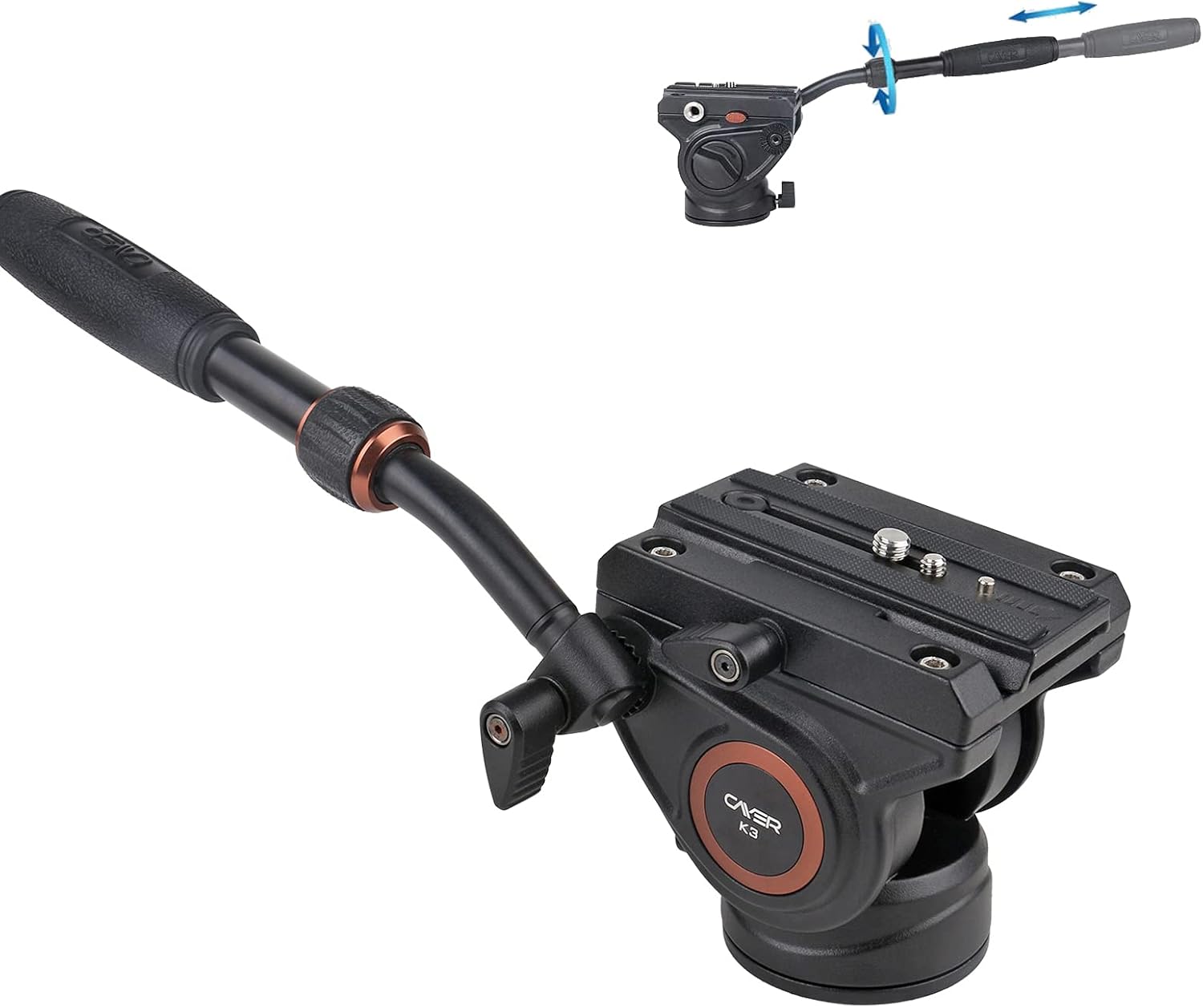 Cayer K3 Video Camera Fluid Drag Pan Head with 1/4 and 3/8 inches Screws Sliding Plate, 75mm Flate Base for DSLR Cameras, Camcorder, Monopod and Tripods, Max Loading 13.2LB Pack of 2