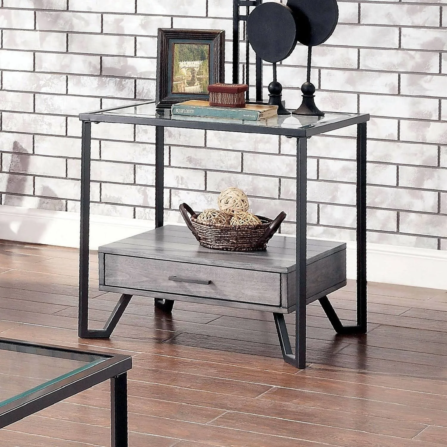 Furniture of America Korz Industrial Grey Glass Top 1-Drawer End Table (Gray/Black)