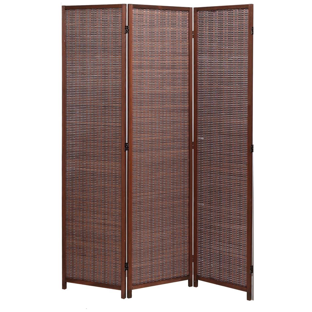 Legacy Decor 3 Panel Room Divider Brown Color Wood and Bamboo Weave