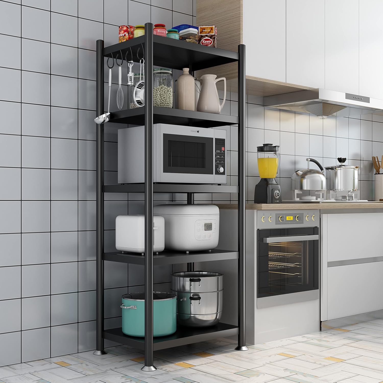 Multipurpose 5-Tier Storage Shelf Display Rack for Kitchen - Black, Adjustable, Stainless Steel, 160x70x40CM