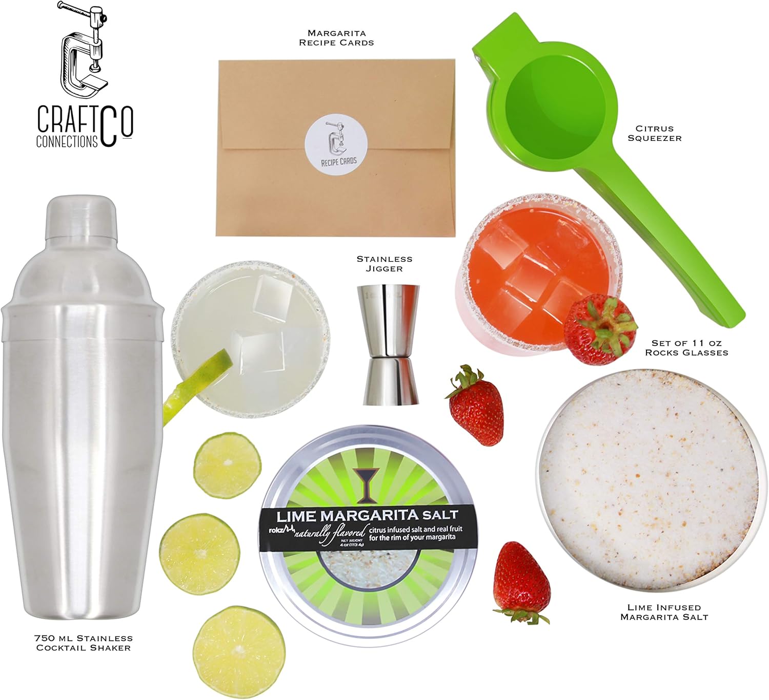 Margarita Cocktail Kit - Set of Rocks Glasses | Stainless Cocktail Shaker & Jigger | Citrus Squeezer | Rokz Lime Infused Margarita Salt | Recipe Cards. Accessories to Craft Perfect Margaritas at Home! Pack of 2