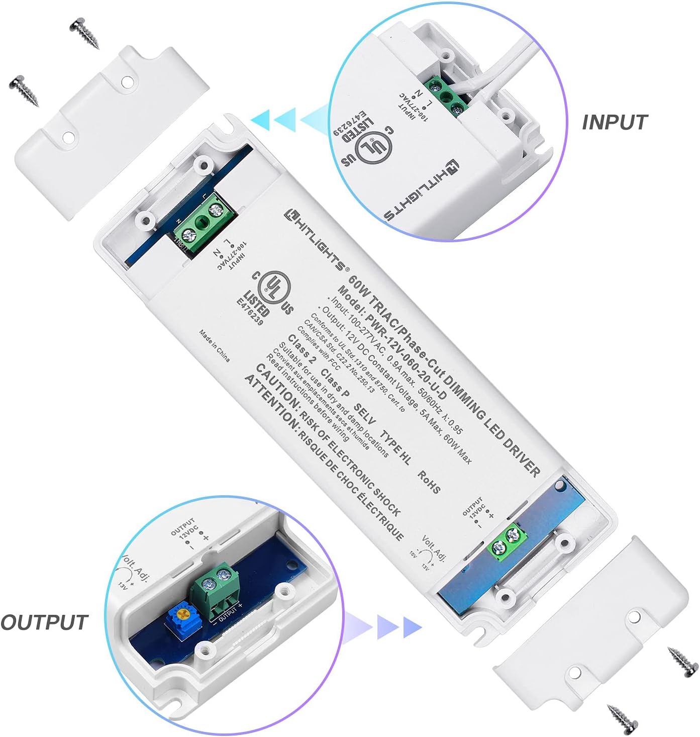 HitLights 60W LED Dimmable Driver, 110-277V AC - 12V 5A DC Electric LED Transformer, Compatible with Lutron&Leviton for LED Strip Lights, Constant Voltage LED Products Pack of 2