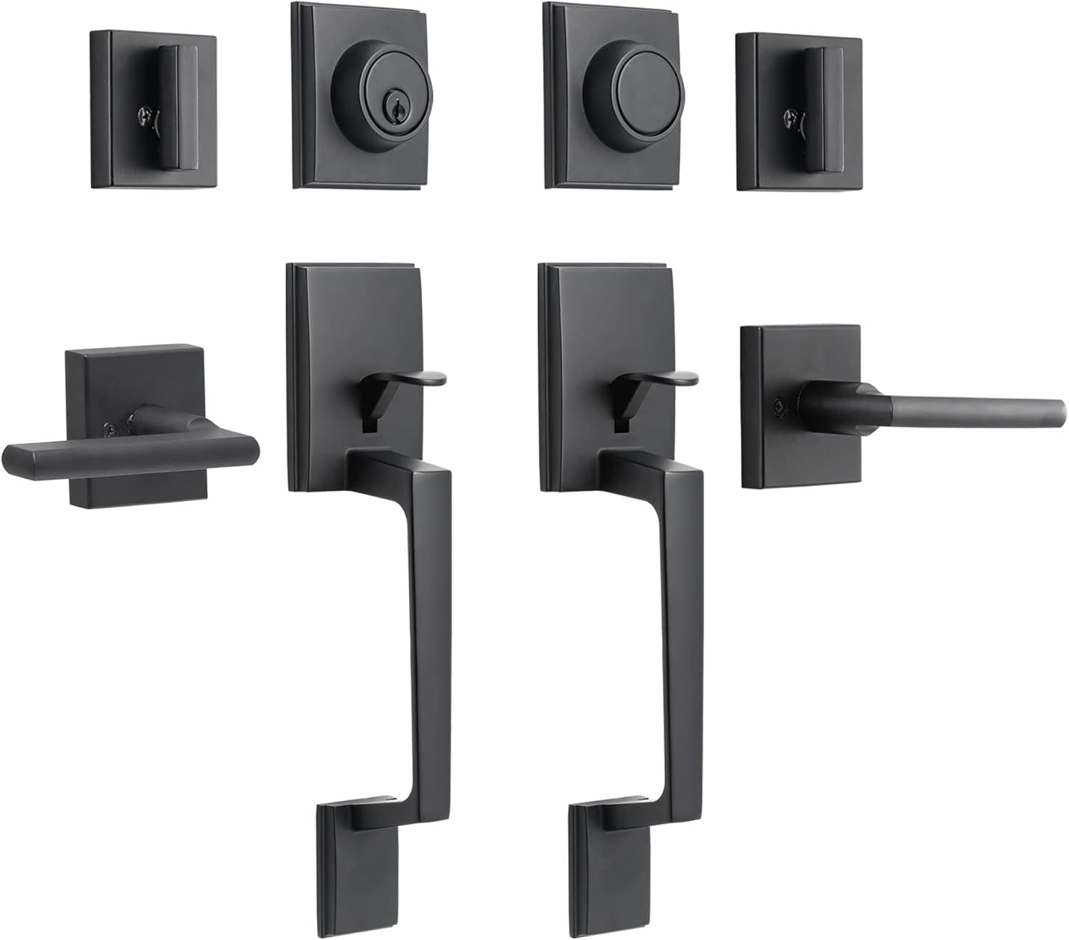 NeuType Front Door Handle Sets with Deadbolt Lock Set Door Entry Door Locksets Single Cylinder HandleSet Curved Handle Lower Half Grip Round Knob, Silver Pack of 2