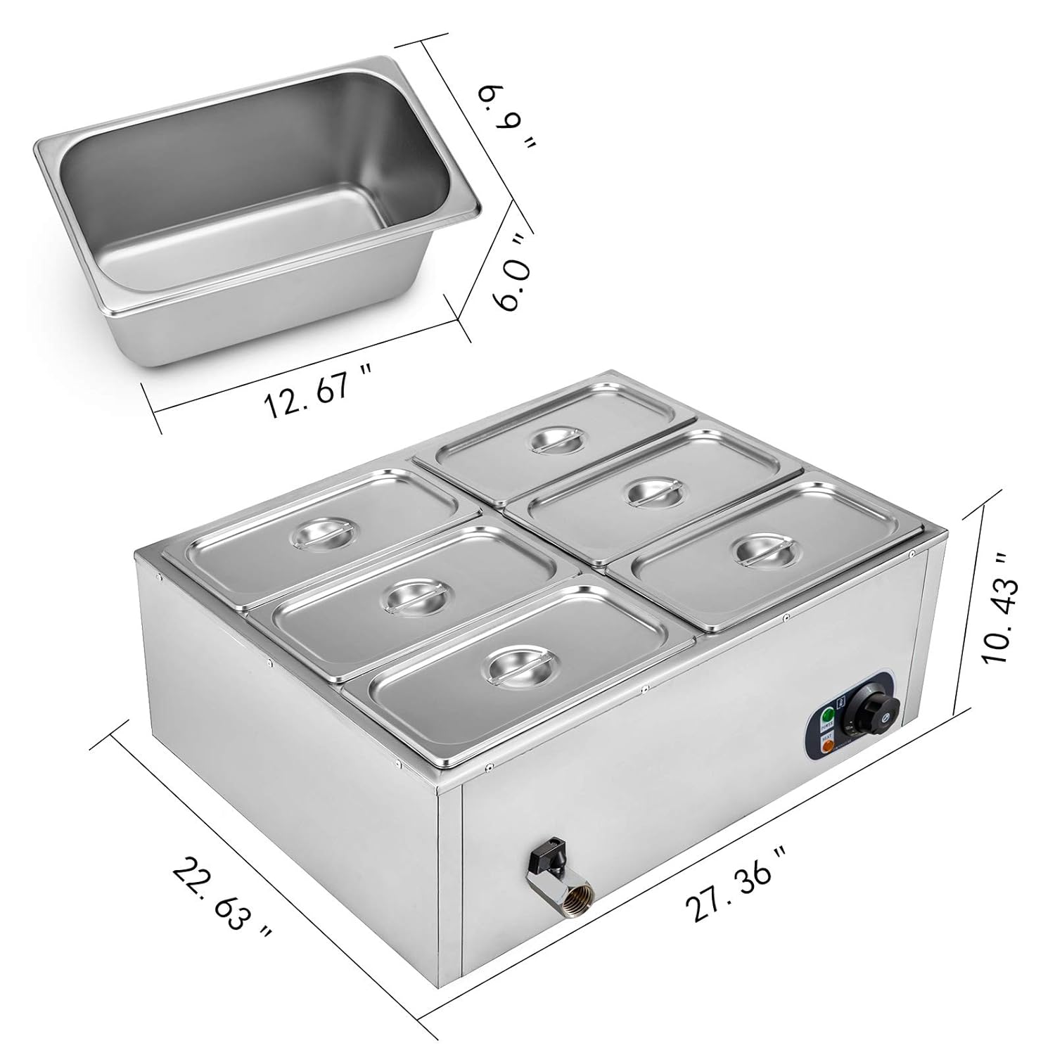 VEVOR 110V 6-Pan Commercial Food Warmer 850W Electric Countertop Steam Table 15cm/6inch Deep Stainless Steel Bain Marie Buffet Large Capacity 7 Quart, Silver